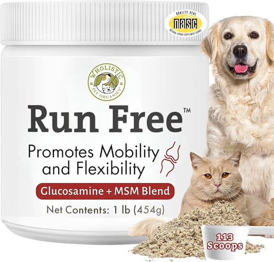 Wholistic Pet Organics Max Strength Hip and Joint Supplement for Dogs & Cats - Cat & Dog Joint Supplement Powder, Chondroitin & MSM to Support Mobility - Glucosamine for Dogs & Cats - 1 lb 113 Scoops