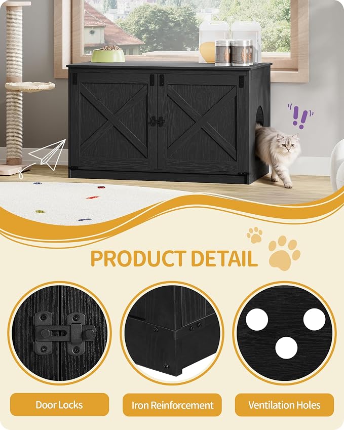 Hzuaneri Cat Litter Box Enclosure with Cushion, Hidden Litter Box Furniture with Removable Dividers, Reversible Entrance Left or Right Side, Cat House, Black CB84704X