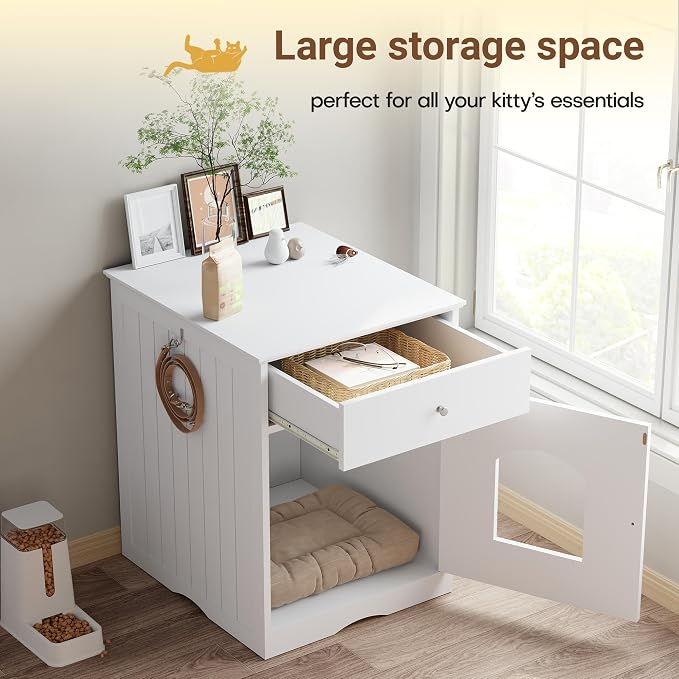 Litter Box Enclosure, Hidden Cat Litter Box Cabinet with Drawer, Wooden Pet Crate, Litter Box Furniture as Cat House, End Table, Fit Most of Litter Box (White)