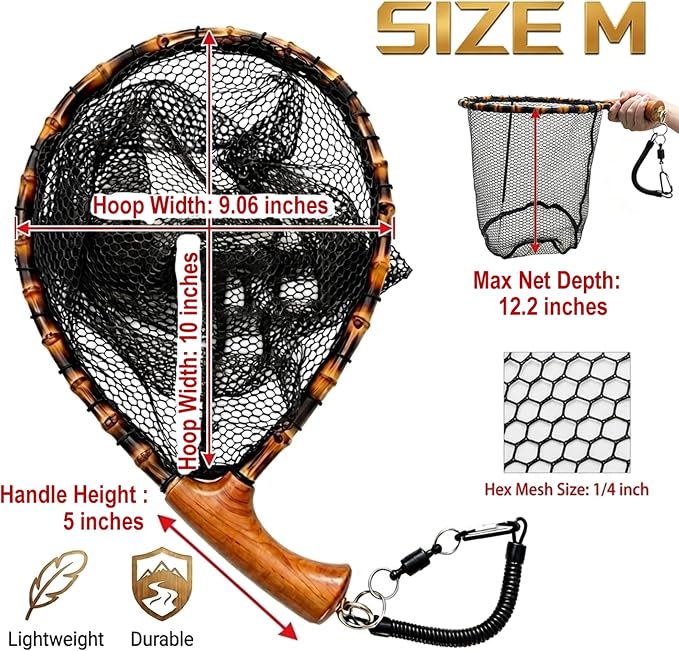 Floating Handcrafted Bamboo Fly Fishing Landing Net, Solid Wood Handle, Soft Rubber Coated Mesh for Trout, Kayak & Stream Fishing, Includes Magnetic Release & Safety Lanyard