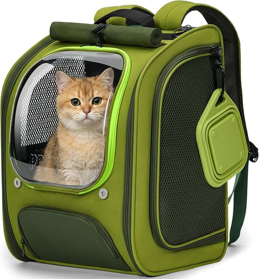 Pecute Cat Backpack Carrier,Large Space Cat Bubble Backpack,Ergonomic,Green | Color Blocking,Sunshade curtain,Folding bowl,Transparent window,Sturdy,Large mesh on both sides for breathability