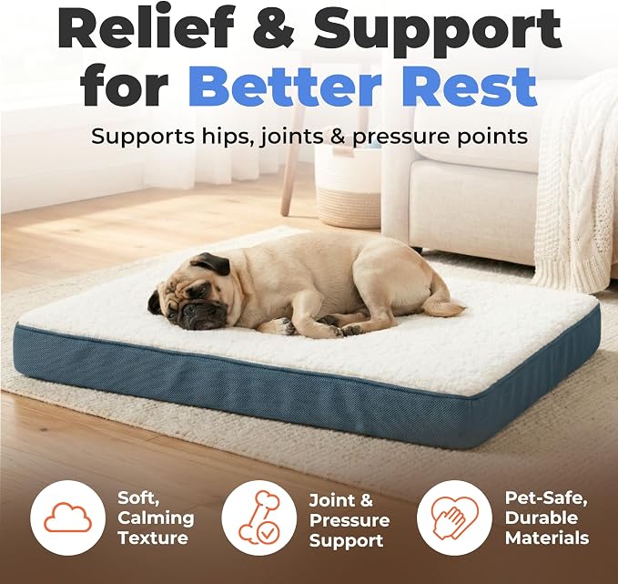 Best Pet Supplies Orthopedic Dog Bed with Memory Foam, Washable Dog Crate Mat for Small, Medium & Large Dogs, Thick Mattress for Crates, Kennels or Floor, Waterproof Pet Bed - Blue, 24 x 16 x 3