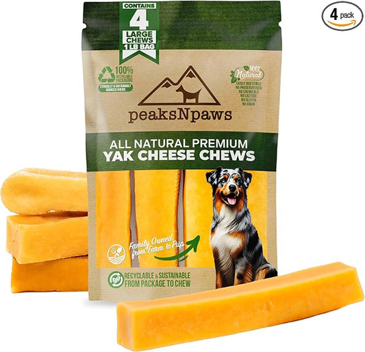 peaksNpaws Yak Cheese, High Protein, Himalayan Dogs Chews, Natural Dog Treats, Lactose Free, Long Lasting Dogs Treat for Aggressive Chewers Under 55 lbs, 4 Large Chew Sticks