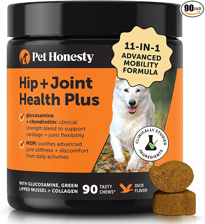 11-in-1 Advanced Hip + Joint Supplement for Dogs - Mobility Support with Glucosamine Chondroitin, Turmeric, & Green Lipped Mussel, MSM - Soothes Joint Stiffness & May Reduce Discomfort (Duck, 90 Ct)
