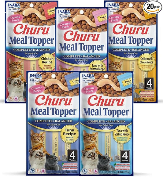 INABA Churu Meal Topper for Cats, Complete & Balanced, Creamy, Lickable Purée Cat Food Topper, 0.5 Ounce Tube, 20 Tubes (4 per Pack), 5 Flavor Variety Pack