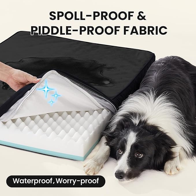 OhGeni Orthopedic Waterproof Dog Bed for Medium Large Dogs, Machine-Washable Removable Cover in Easy-Clean Fabric, Reversible Memory Foam & Easy-Carry Handle, Suitable for Crate, 35 inch (Black)