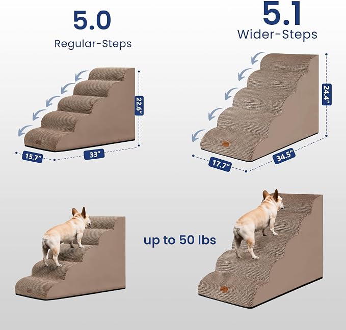 GoGoBunny Ramp Dog Stairs for High Beds 24.4" H, 5-Step Extra Wide Dog Slope Stairs with Durable Waterproof Fabric Cover, Pet Steps for Old Large Dogs Climbing, Non-Slip Sturdy Indoor Step, Camel