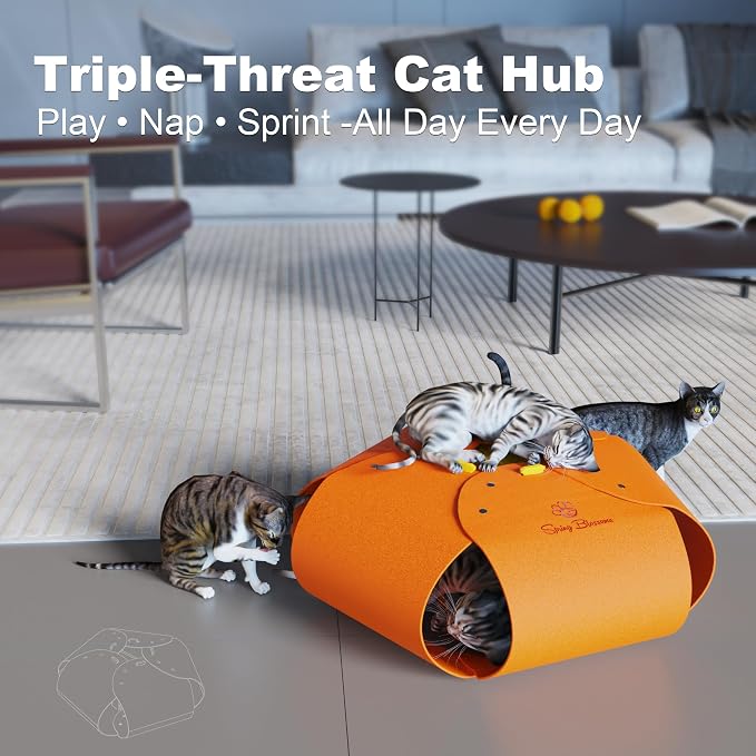 Cat Tunnel, Cat Cave for Indoor Cats Bed,Scratch Resistant Cat Toys for Medium Large Cats Hide and Seek Toy (Amber Orange)