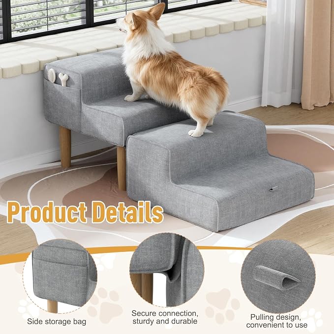 PakaLife Foldable 2-in-1 Dog Ramp Ottoman, Solid Wood Dog Steps for Bed & Couch, Washable Cover, 135lb Capacity, for Small, Senior Dogs & Old Cats to Get on Bed(Only for Small Dogs)