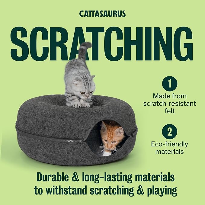 Cattasaurus Peekaboo Cat Cave for Multiple & Large Cats Up to 30-45 Lbs, Scratch Detachable & Washable Tunnel Bed, Comfy Donut Cat Cave (Dark Gray, Large)