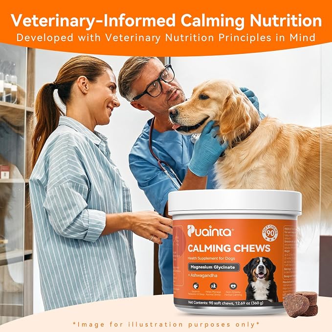 PUAINTA Dog Calming Chews – Magnesium Glycinate & Melatonin for Dogs, 4 Herbal Ingredients for Anxiety Relief, Stress & Travel Support, Chicken Flavor (90 Count)