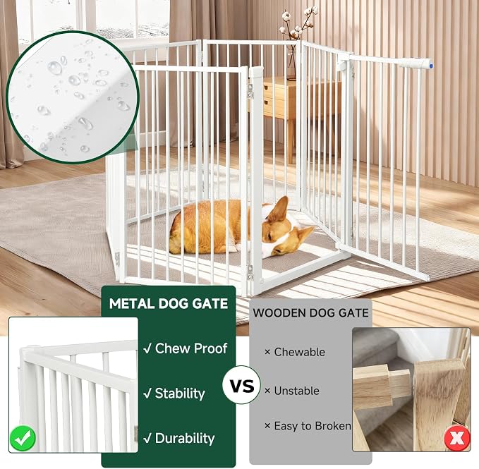 Snagle Paw Metal Freestanding Dog Gate with Door,120” W x 36” H Dog Fence with Support Feet for Doorways, Stairs and Hallways, Portable Pet Gate for Indoor Use (6 Panel, White)