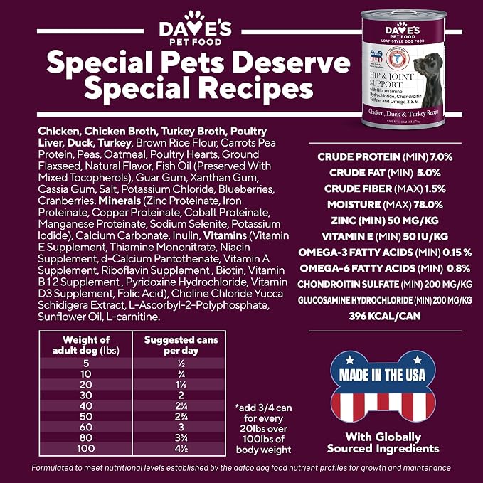 Dave's Pet Food Glucosamine Chondroitin for Dogs, Hip and Joint Support, Gluten-Free, Wet Senior Dog Food, 13.2 oz (Case of 12)