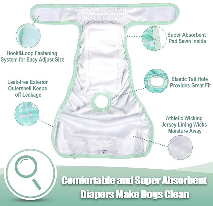 wegreeco Washable Female Dog Diapers Highly Absorbent Reusable Diapers for Dog in Heat Period, 3 Pack (Dog Bone, Medium)