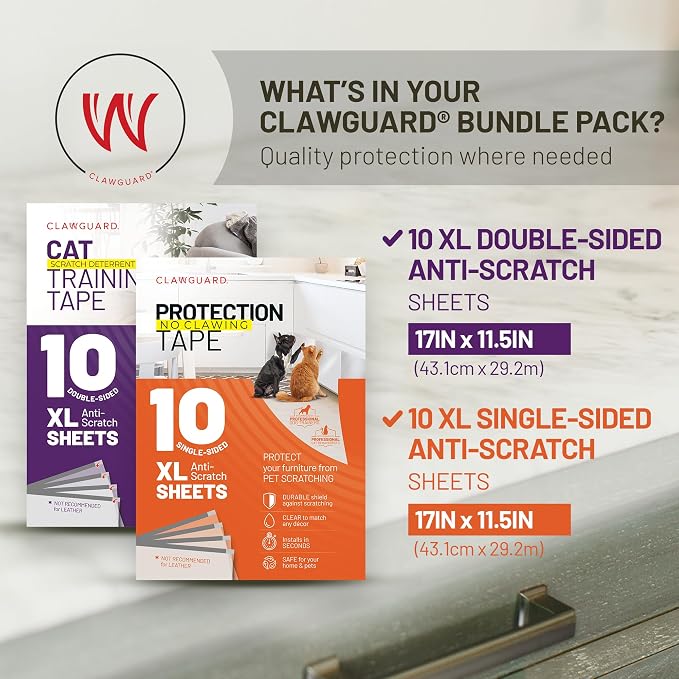CLAWGUARD Bundle Pack – Cat Deterrent Tape & Dog Protection Tape – 20 Total Sheets (10 Double & 10 Single-Sided) – Anti Scratch Furniture Protector