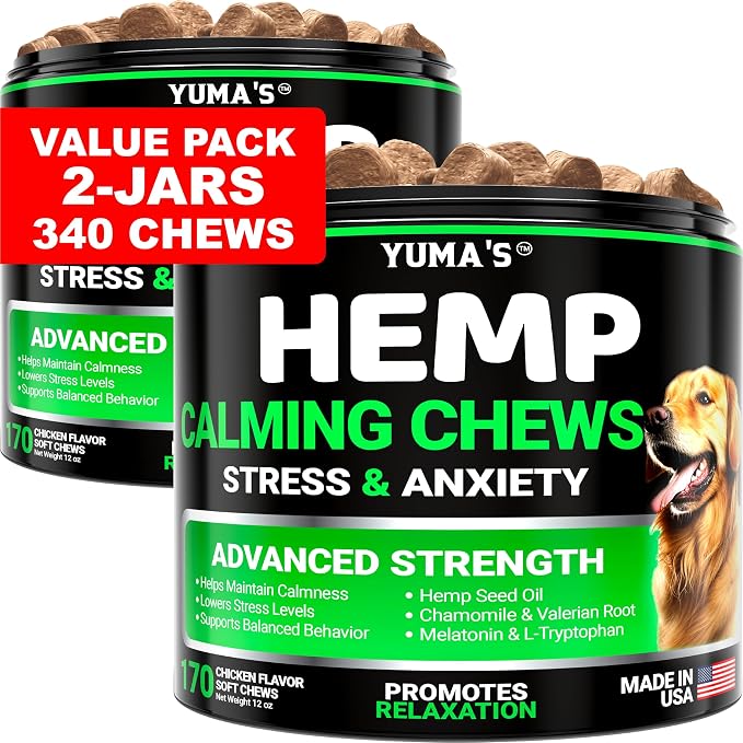 YUMA'S (2 Pack) Hemp Calming Chews for Dogs - Advanced Dog Calming Chews - Anxiety Relief Treats - Separation Aid, Barking, Stress Relief, Thunderstorms - Melatonin - Hemp Oil - Made in USA