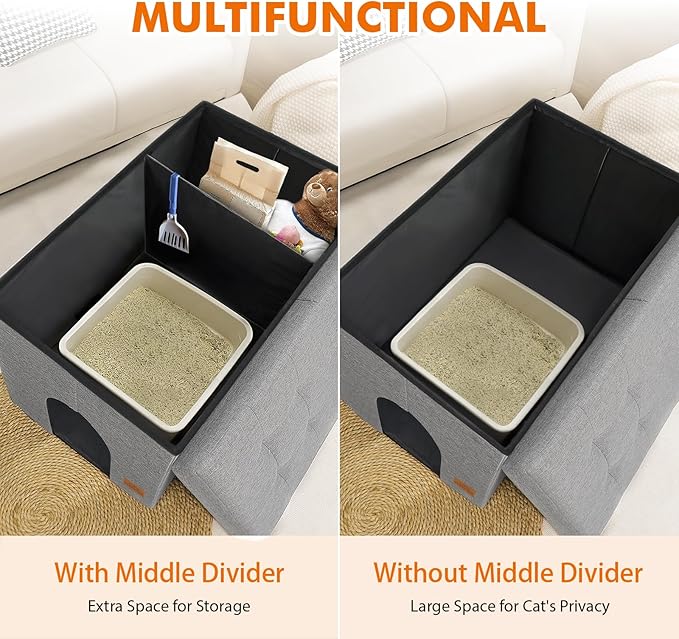 Zerbuger Cat Litter Box Enclosure Furniture for Odor Control, Hidden Cabinet Cats Litter Ottoman with Flip-Up Lid,Cat Litter Box Bench with Storage Space, Dog Proof (Light Grey, X-Large)