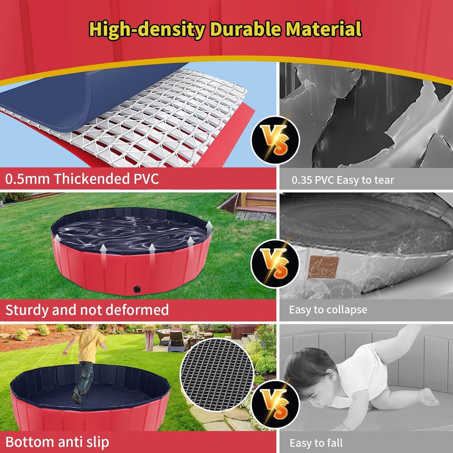 Foldable Dog Pool, 71" x 14" Large Kiddie Pool with Hard Plastic, Non-Slip Dog Bath Tub for Outdoor Backyard, Collapsible Dog Swimming Pool for Kids Dogs Pets (Red)