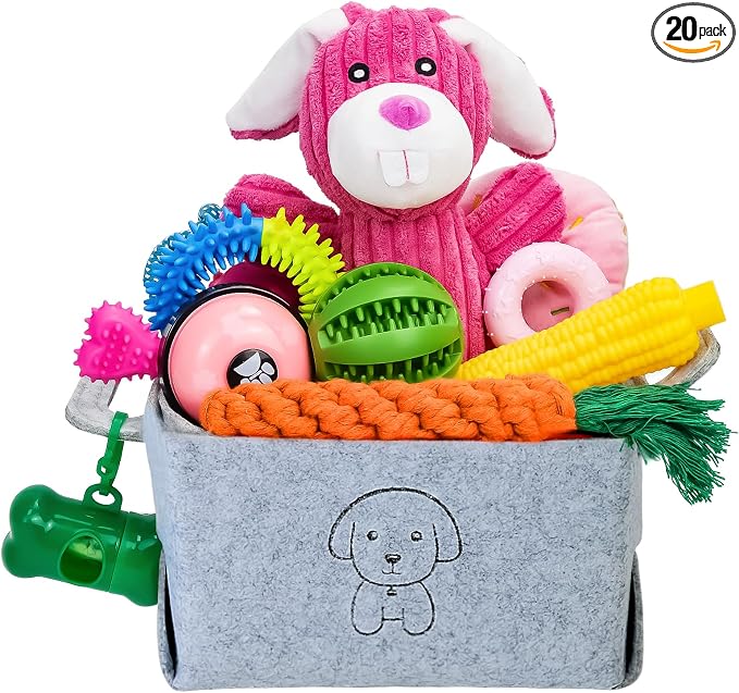 MRSOHRET 20Pcs Puppy Chew Toys for Teething, Dog Chew Rope Toys, Pet Dog Toothbrush, Treat Balls, Plush Squeaky Toy for Small Medium Dogs with Basket