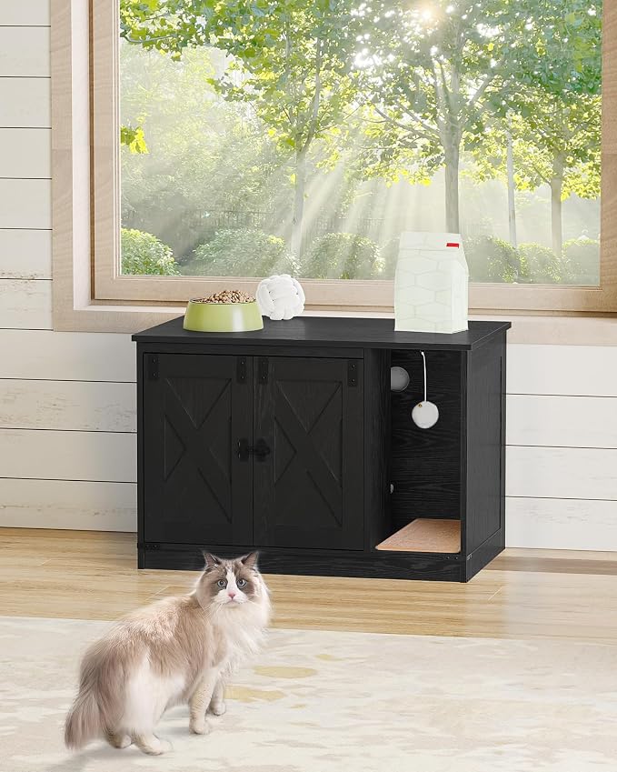 Hzuaneri Cat Litter Box Enclosure, Hidden Litter Box Cabinet Furniture with Bell, Indoor Cat House, Farmhouse Style, 31.5 x 19.7 x 20.9Inches, for Hallway, Bedroom, Black CB82404X