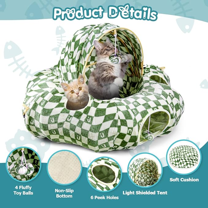 Cat Bed and Tunnel Toy - Cat Donut with Straight Tunnel, Washable Cushion, 4 Hanging Balls, 6 Peek Holes, Collapsible, Green