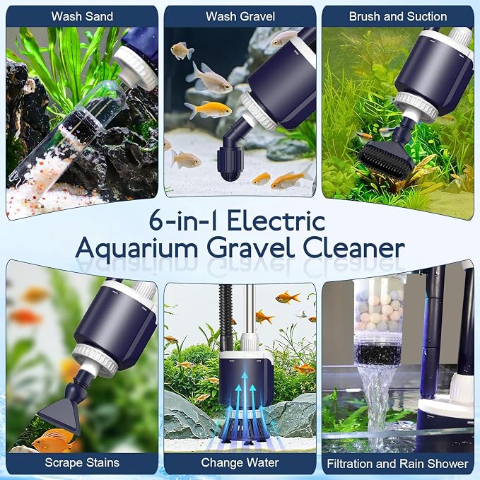 AQQA 600GPH Electric Aquarium Gravel Cleaner, 6-in-1 Automatic Fish Tank Vacuum Cleaner & Water Changer with Stainless Steel Handle & 3-Stage Filter Cup for Turtle Tanks, Adjustable Flow 34W