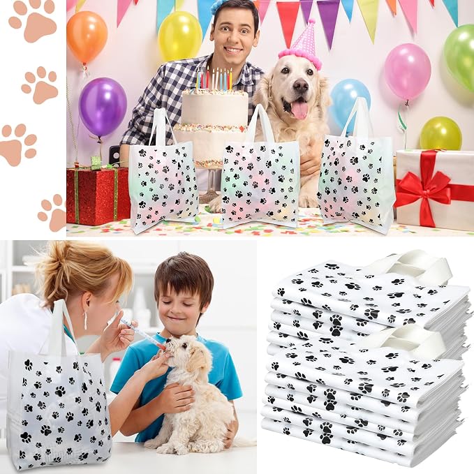 Shinylin 300 Pcs Dog Paw Bags with Handles Plastic Puppy Print Dog Paw Gift Bags for Selling Shopping Merchandise Small Business Party Favor 7.87 x 9.45 Inch