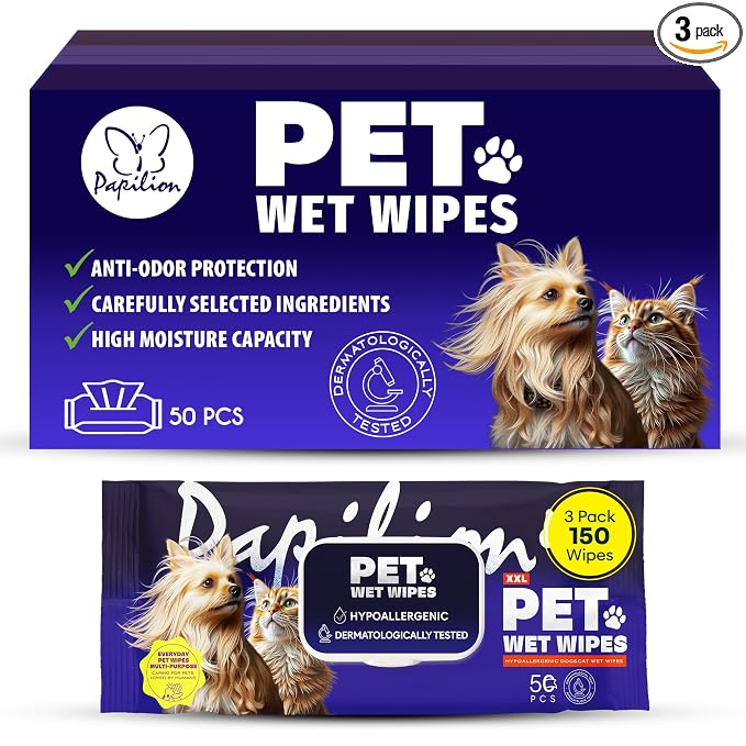 Papilion Pet Wipes for Dogs & Cats, Gentle Grooming & Cleaning Wipes, Safe for Paws, Coat & Face for Daily Use, Paraben-Free, Extra Large All-Purpose Wipes, Flip-Top Pack, 150 Count