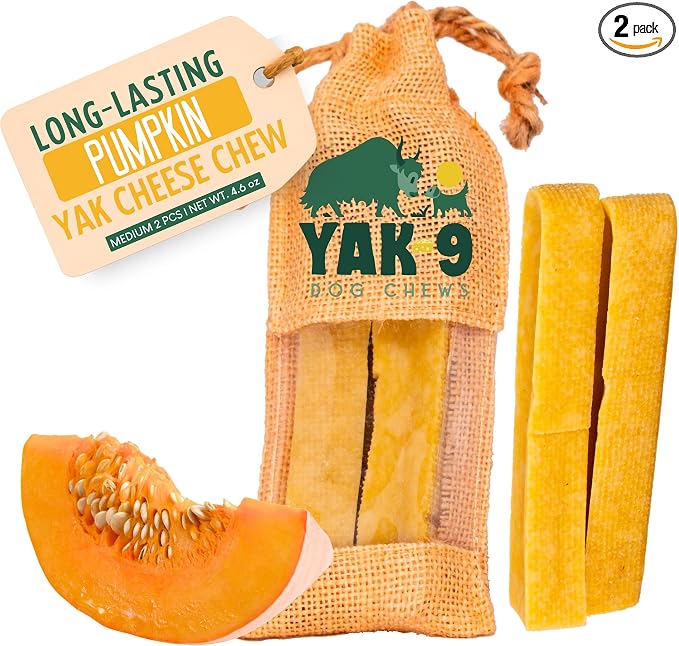 Yak9 Himalayan Yak Chews for Medium Dogs | High Protein, High Fiber Pumpkin Treats for Dogs | Non GMO, Gluten Free, Grain Free Yak Milk Dog Chew | Medium 2 oz Size, 2 Pieces