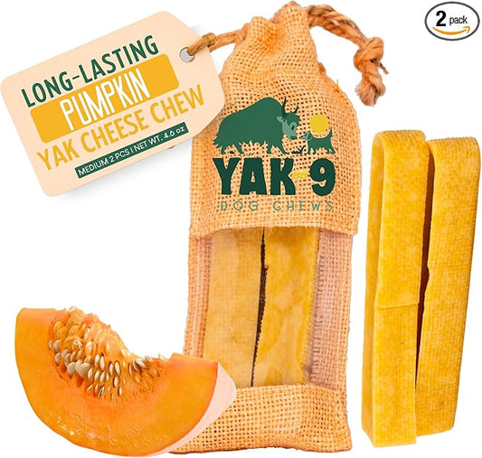 Yak9 Himalayan Yak Chews for Medium Dogs | High Protein, High Fiber Pumpkin Treats for Dogs | Non GMO, Gluten Free, Grain Free Yak Milk Dog Chew | Medium 2 oz Size, 2 Pieces