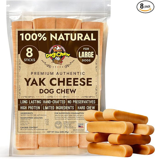 Tibetan Dog Chew Yak Cheese Sticks (8 Large Chews) - Natural Handmade Treats for Large Dogs, Long-Lasting, Easy to Digest with No Additives, Rawhide, Grains or Gluten, Perfect for Aggressive Chewers