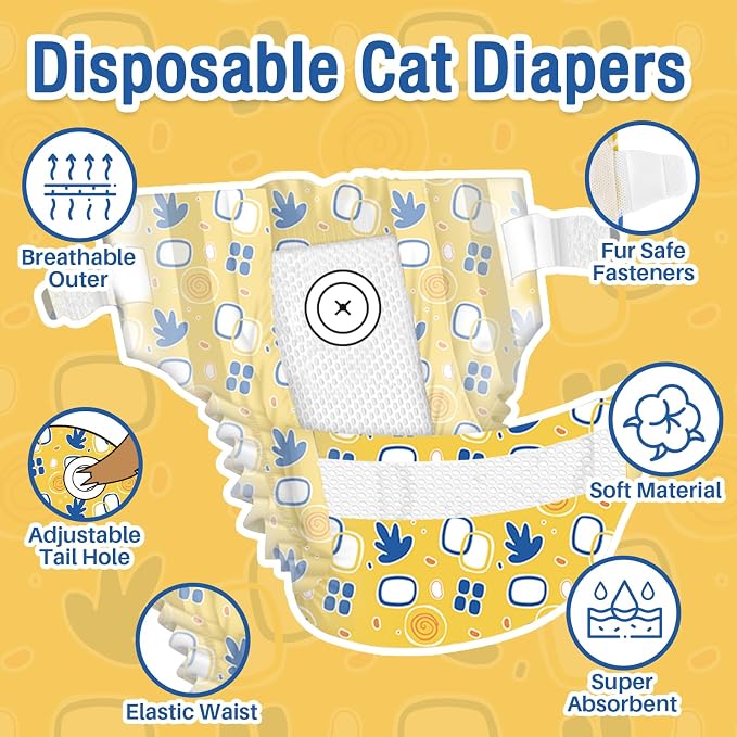 Pet Soft Disposable Cat Diapers - Diaper for Female & Male Cats, Puppy Doggie Diapers for Female Dogs with Adjustable Foam Tail Hole, X-Small (24Pcs, Yellow)