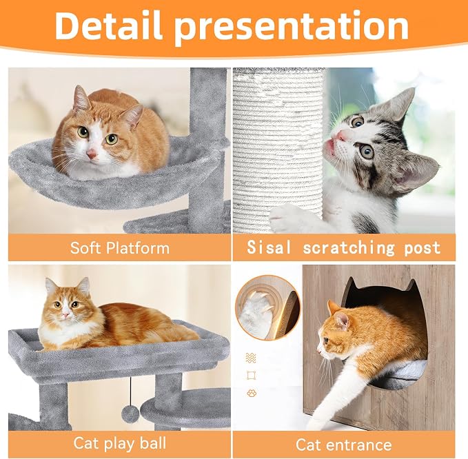 HavenlyYouth Litter Box Enclosure with Cat Tree,Cat Tree with Litter Box Enclosure,Hidden Pet Washroom Furniture with Sisal Scratching Post,Hammocks,Condo,Multiple Platform,Soft Plush Perch, Grey