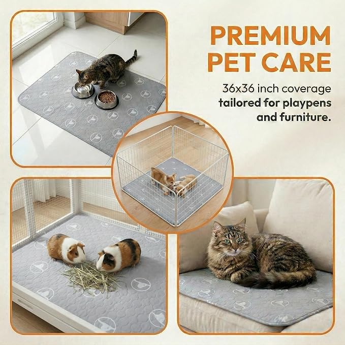 PJYuCien Non-Slip 36"x36" Pet Playpen Mat with 3-Layer Comfort, Reusable and Washable Training Crate Pad, Travel Mat and Sofa Protector for Puppies, Dogs, Cats, Rabbits, and Small Animals, Gray