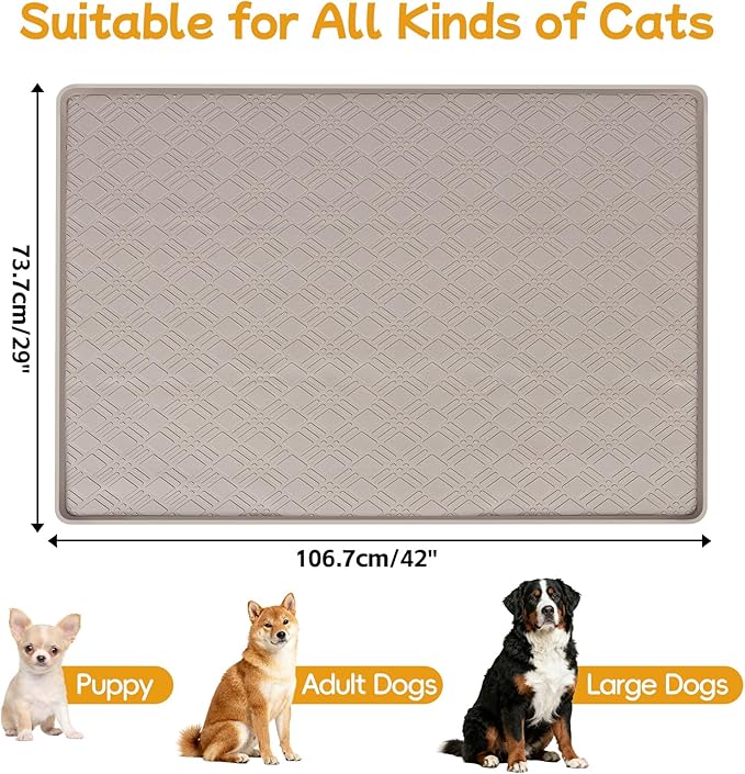 Dog Food Mat, 42" x29" Large Silicone Mat Dog Feeding Mat with Raised Edge Non-Slip Pet Feeding Mat for Food and Water Bowl, Easy to Clean, Floor Protection (Beige)