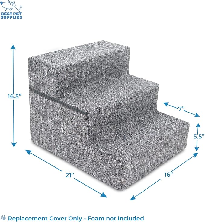 Best Pet Supplies Dog Stairs & Steps - Foam Steps for Small Dogs & Cats, Non-Slip Indoor Balanced Pet Step Support, Dog Ramp, No Assembly, Ash Gray Linen, Foldable 3-Step (16.5-inch Height)