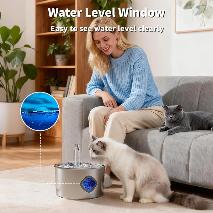 Cat Water Fountain Stainless Steel: 108oz/3.2L Cat Fountain for Drinking - Pet Water Fountains for Cats Indoor - Cat Water Bowl Dispenser - Pets Feeding & Watering Supplies - Water Level Window