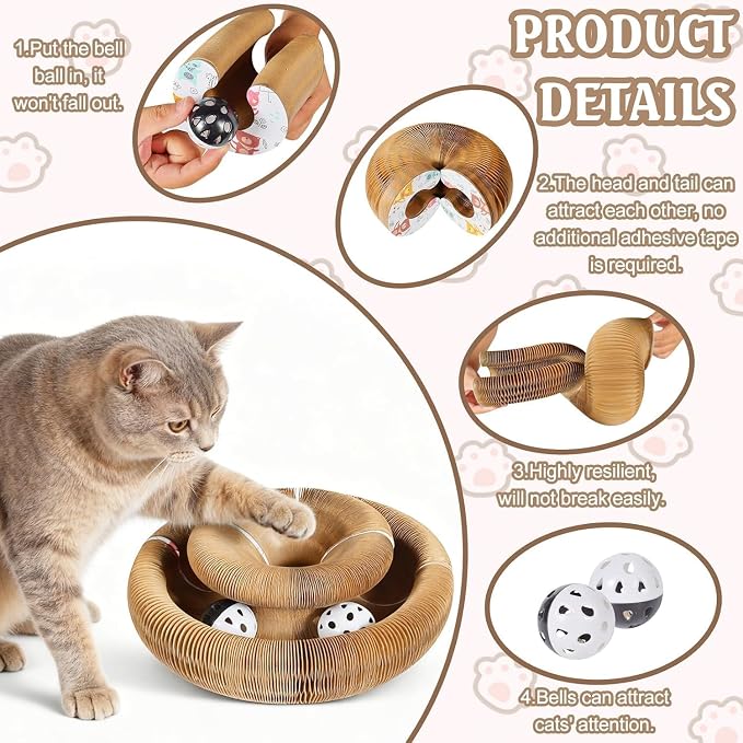 2 Pack Cat Scratcher Toys for Indoor Cats, Interactive Accordion Cardboard with Bell Ball, Foldable Infinity Style Cat Enrichment Toys