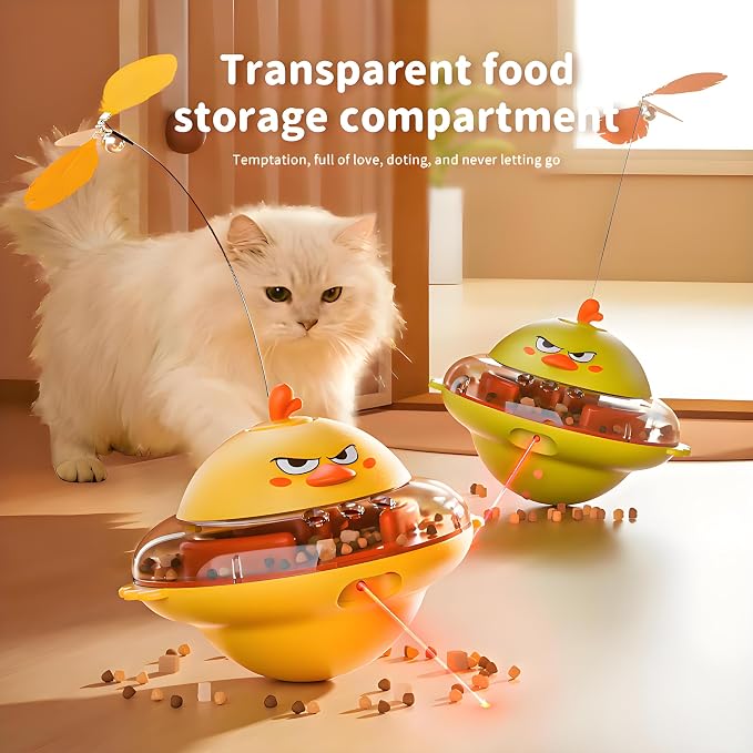 hooroor 4-in-1 Automatic Cat Toy Gift for Cat Owners, Interactive Laser & Feather Teaser with Bird Sounds, Treat Reward, Self-Balancing 360° Spinning Enrichment Exercise Toy for Bored Indoor Cats
