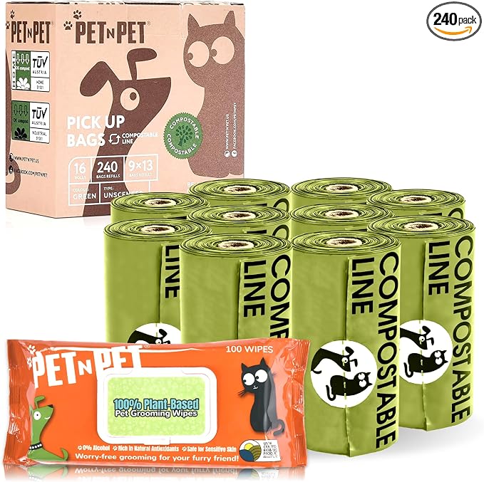 Pet N Pet Poop Bags For Dogs, 240 Counts Compostable Dog Poop Bags Rolls, Dog Bags For Poop + 100% Plant Based Dog Wipes for Paws and Butt, 100 Counts Dog Pet Wipes, 8" x 8" Hypoallergenic Wipes