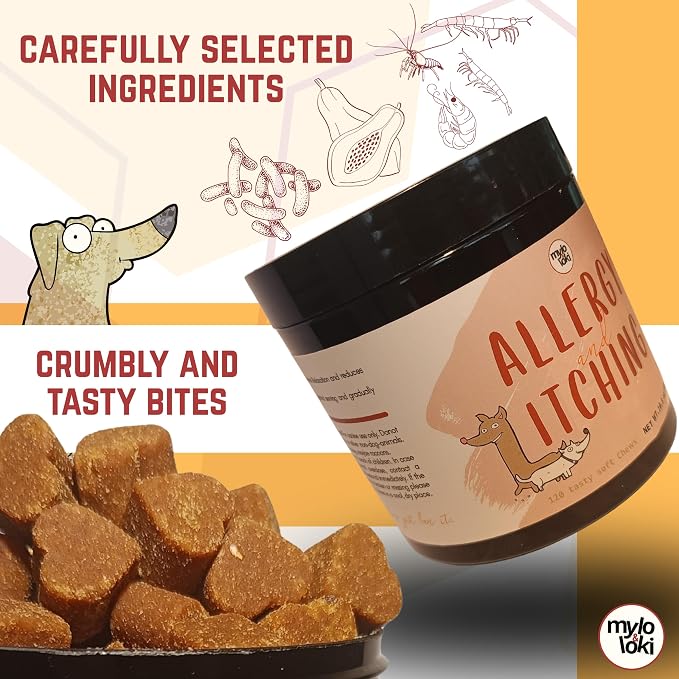 Mylo&Loki- Allergy & Itching Relief Chews for Dogs – Chicken Flavor, 120 Soft Chews – Supports Seasonal Allergy Relief, Itchy Skin, Coat Health, Digestive & Immune Support.