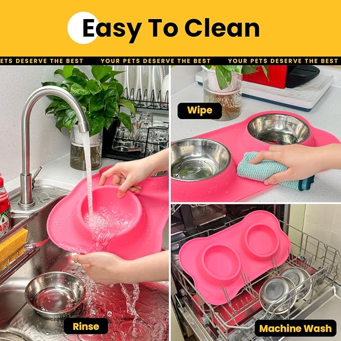 Conlun Medium Pet Feeding Station, 29oz Stainless Steel Dog Bowls Set, No Spill Food & Water Dishes with Non Slip Silicone Mat for Breeds Up to 55 Lbs, Pink
