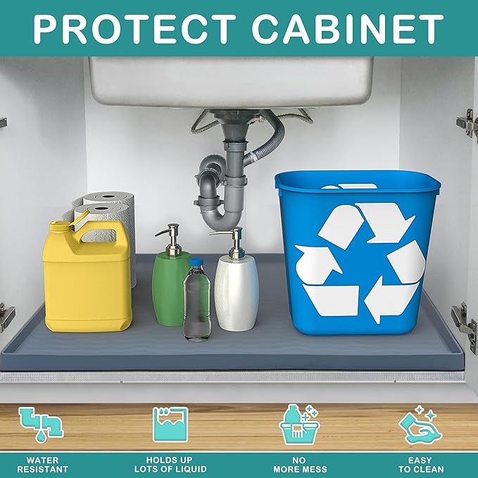 URMONA Waterproof Silicone Under Sink Mat 31'' x 19'' Shelf Liner for Kitchen and Bathroom, Cabinet and Counter Protector, Storage and Organizers, Litter Mat, Pet Cat Puppy Essentials(Cream)