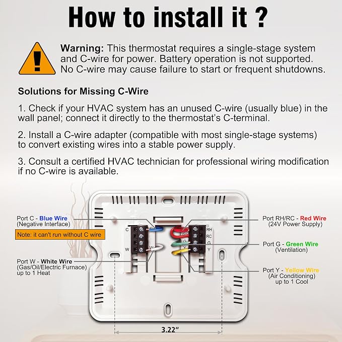 Heagstat WiFi Thermostat for Home 1 Heat/1 Cool 24V Conventional System, APP Remote Control, 7-Day Programmable, C-Wire Required