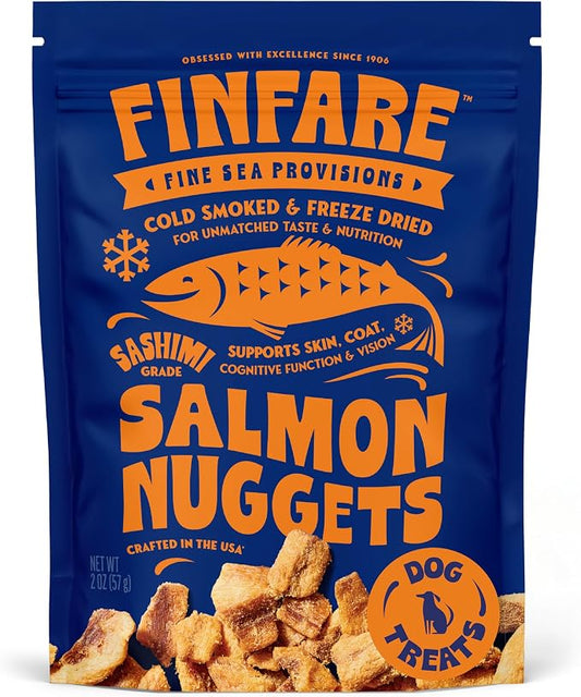 Finfare Freeze Dried Salmon Dog Treats, Protein & Omega-3s, Grain Free Salmon Dog Training Treats, Crafted in USA, Nuggets - 2oz