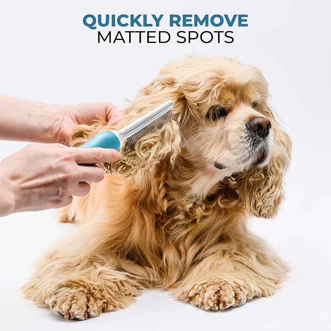 Poodle Pet Bundle - Detangling Pet Comb for Removing Matted Fur, Knots, and Tangles + Dematting Fur Rake Comb Brush for Dogs and Cats