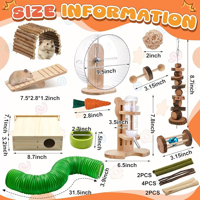 20 Pcs Hamster Toys Set, 16 Small Animal Chewing Toys, Maze Wood House, Silent Exercise Running Wheels and Water Bottle Set Feeding Bowl for Hamster Habitat Rat Cage Accessories(Green)