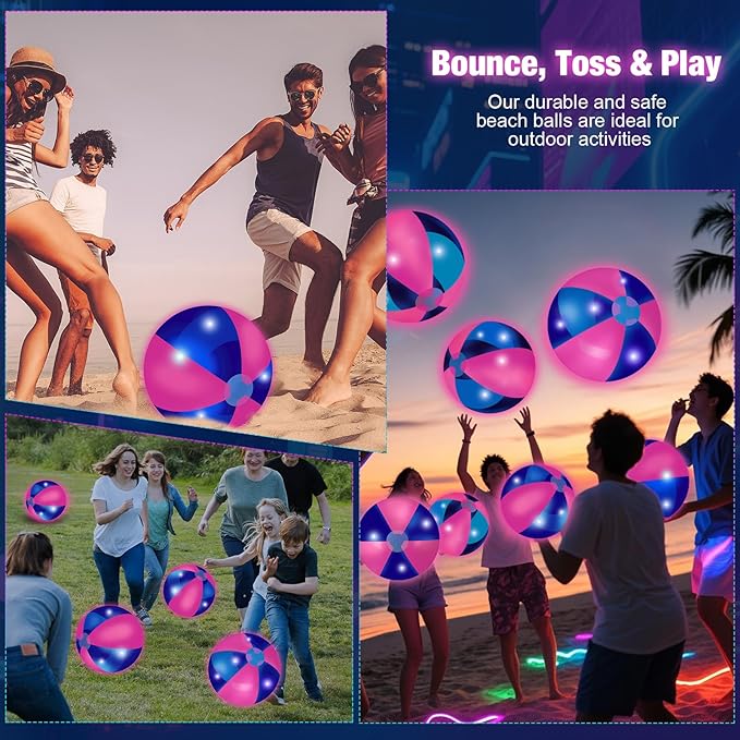 MiniInflat 12 Pcs Light up Beach Balls 16'' Jumbo Pool LED Balls Glow in the Dark Neon Giant Inflatable for Summer Hawaiian Tropical Theme Beach Party Decor Water Accessory (Pink)