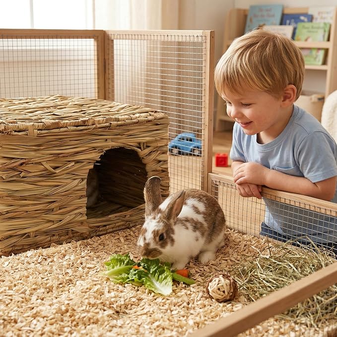 WUWEOT 2 Pack Large Grass Bunny House, Foldable Rabbit Hut, Play Hideaway Bed Hay Mat Chew Toy for Rabbit, Guinea Pigs, Gerbils, Hamster and Small Animals, 11"x8"x8"