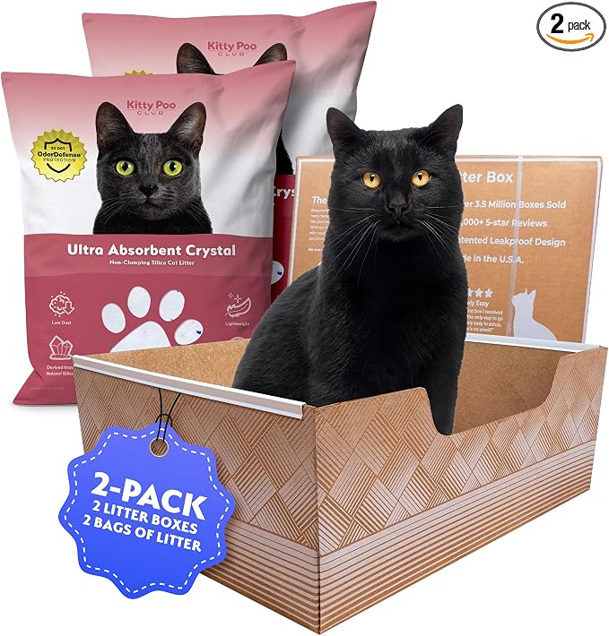 Kitty Poo Club Disposable Cat Litter Box 2-Pack with 2 Bags Ultra-Absorbent Silica Crystal Litter, Patented Leak-Proof Design, 30-Day System, Low Dust, Perfect for Travel and Multi-Cat Homes